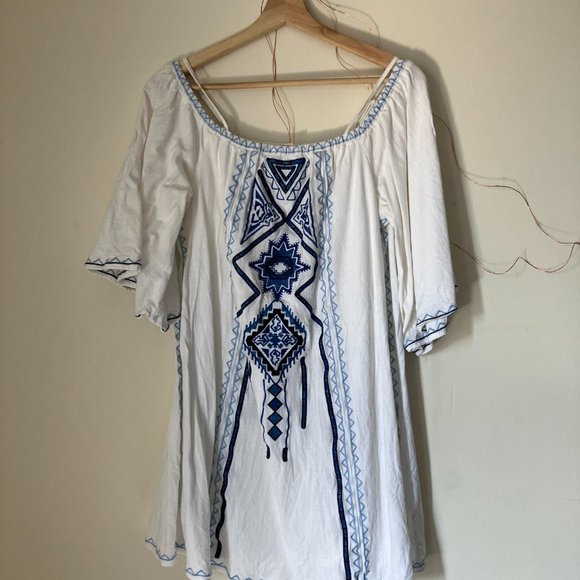 Embroidered Blue & White Linen Dress - Picture 8 of 8